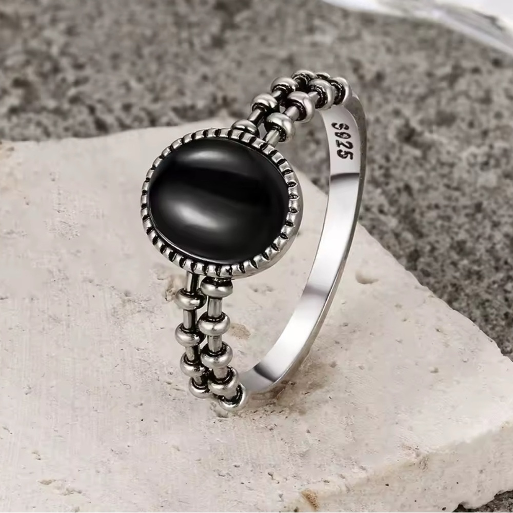 S925 sterling silver gear ring natural black onyx vintage for women